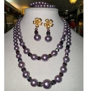Stunning Vintage Purple Pearl Necklace Earrings Bracelet Jewelry Set